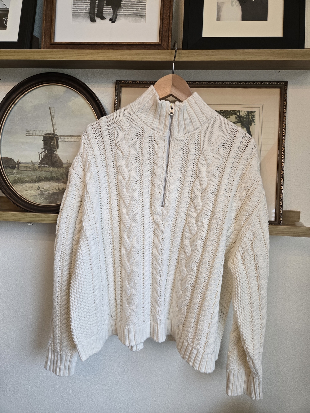 Jenni Kayne Cotton Cable-Knit Zip Sweater In Cream | Size Large - Picture 4 of 9